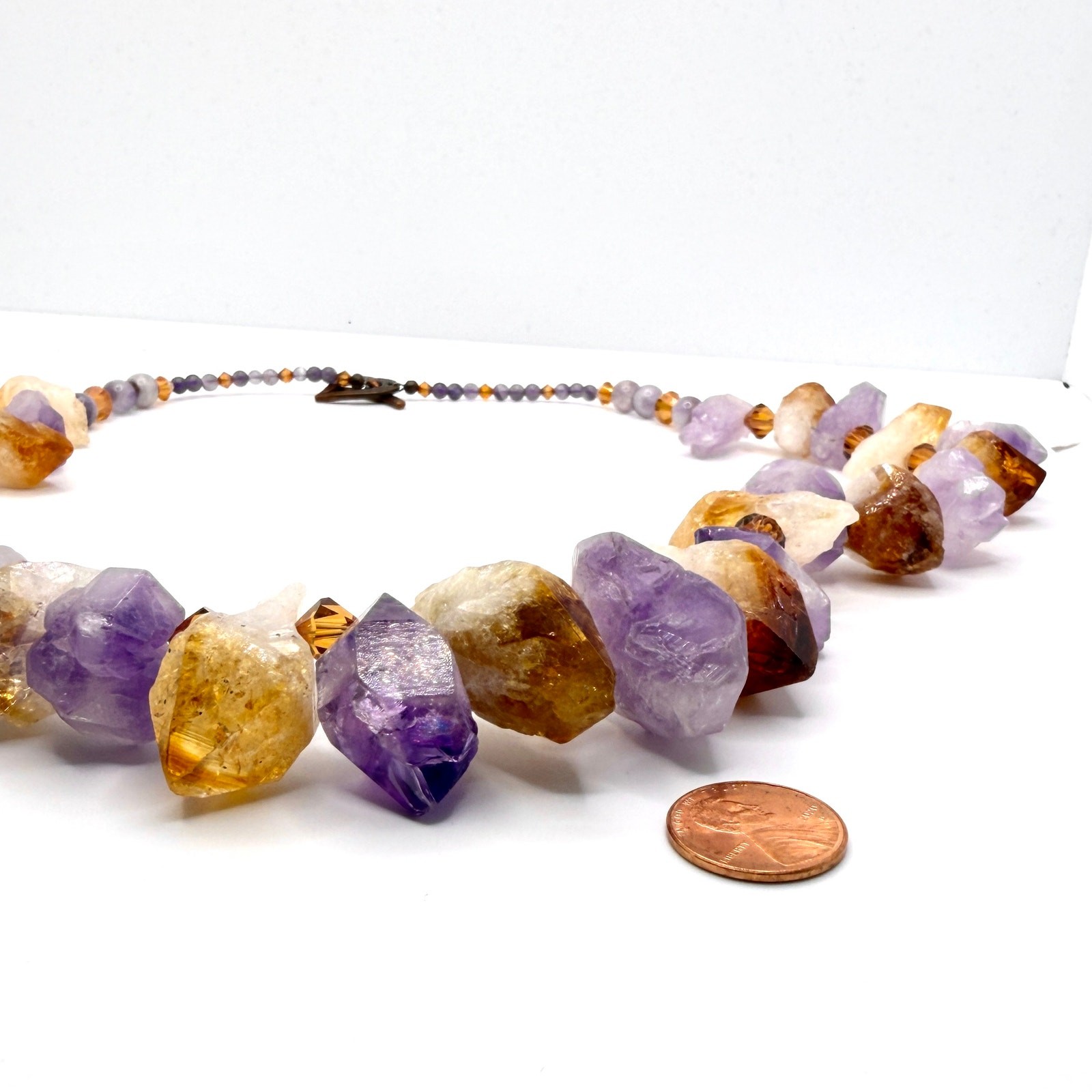 Vintage 90s Raw Amethyst Citrine Large Crystal Copper Heart Toggle Necklace