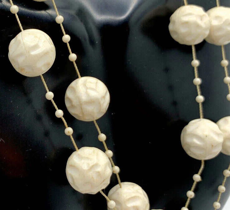 Unique Vtg 1960s 2 Strand Cream Old Plastic Textured Bead Station Necklace
