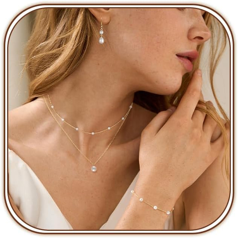 Gold Jewelry Set for Women, Dainty Layered 14K Gold/Silver Pearl Choker Necklace