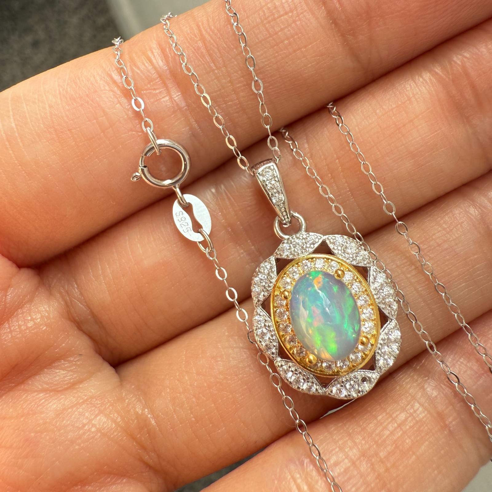 925 Sterling Silver Necklace 8x6mm Natural Opal 14K Gold Plated Flower Chain NEW