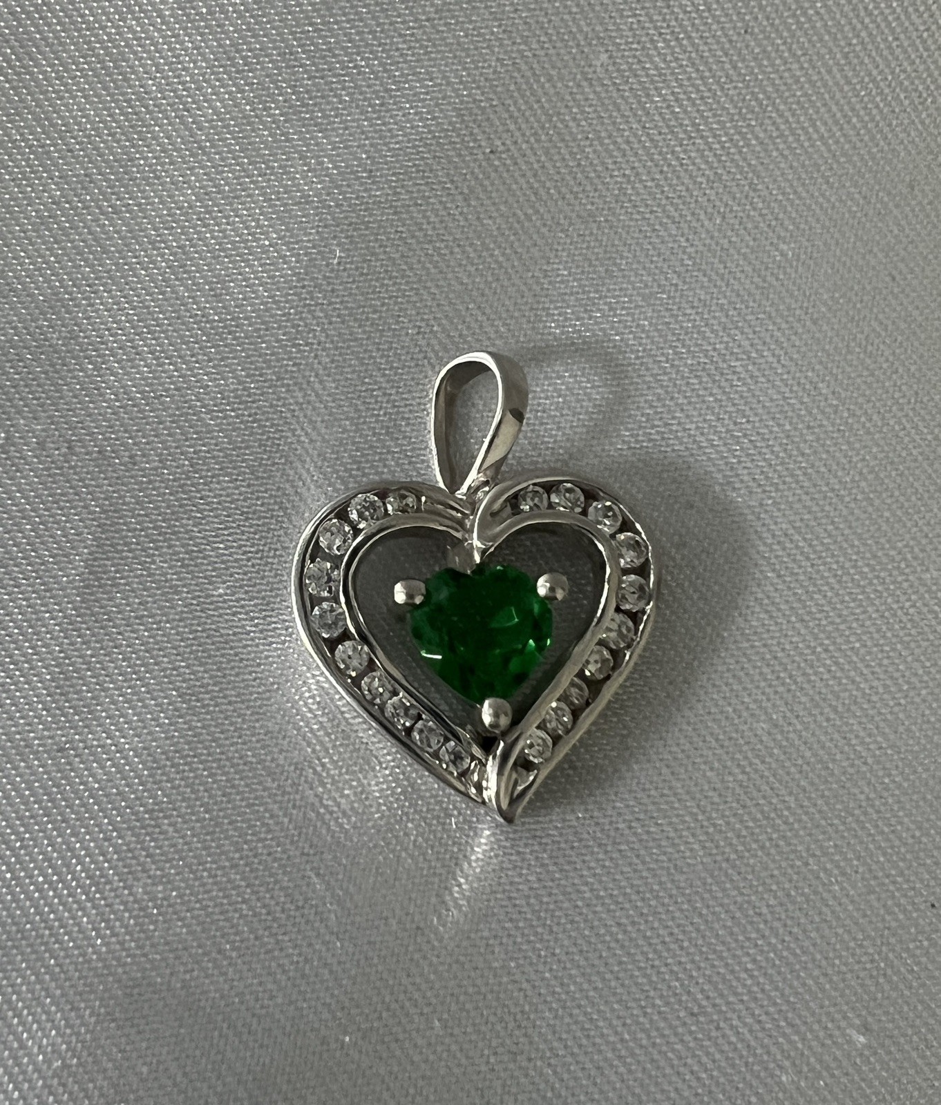 CZ and Simulated Emerald Sterling Silver Open Heart Pendant