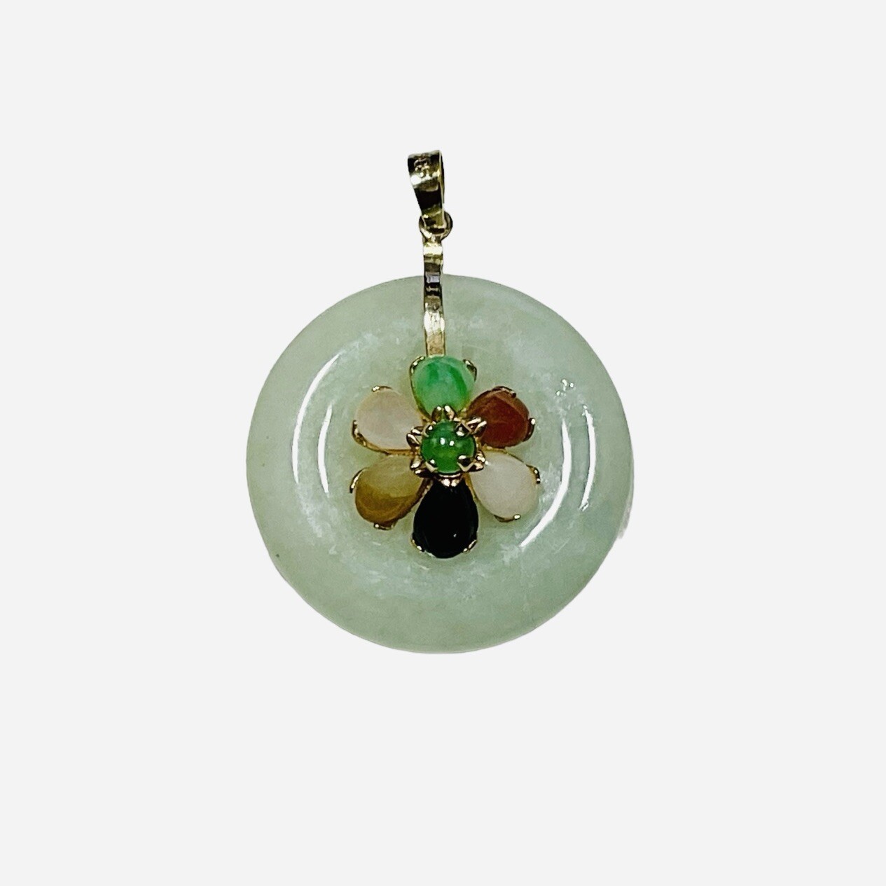 14k Yellow Gold Jade Pendant Multi Color Flower 3.4 Grams