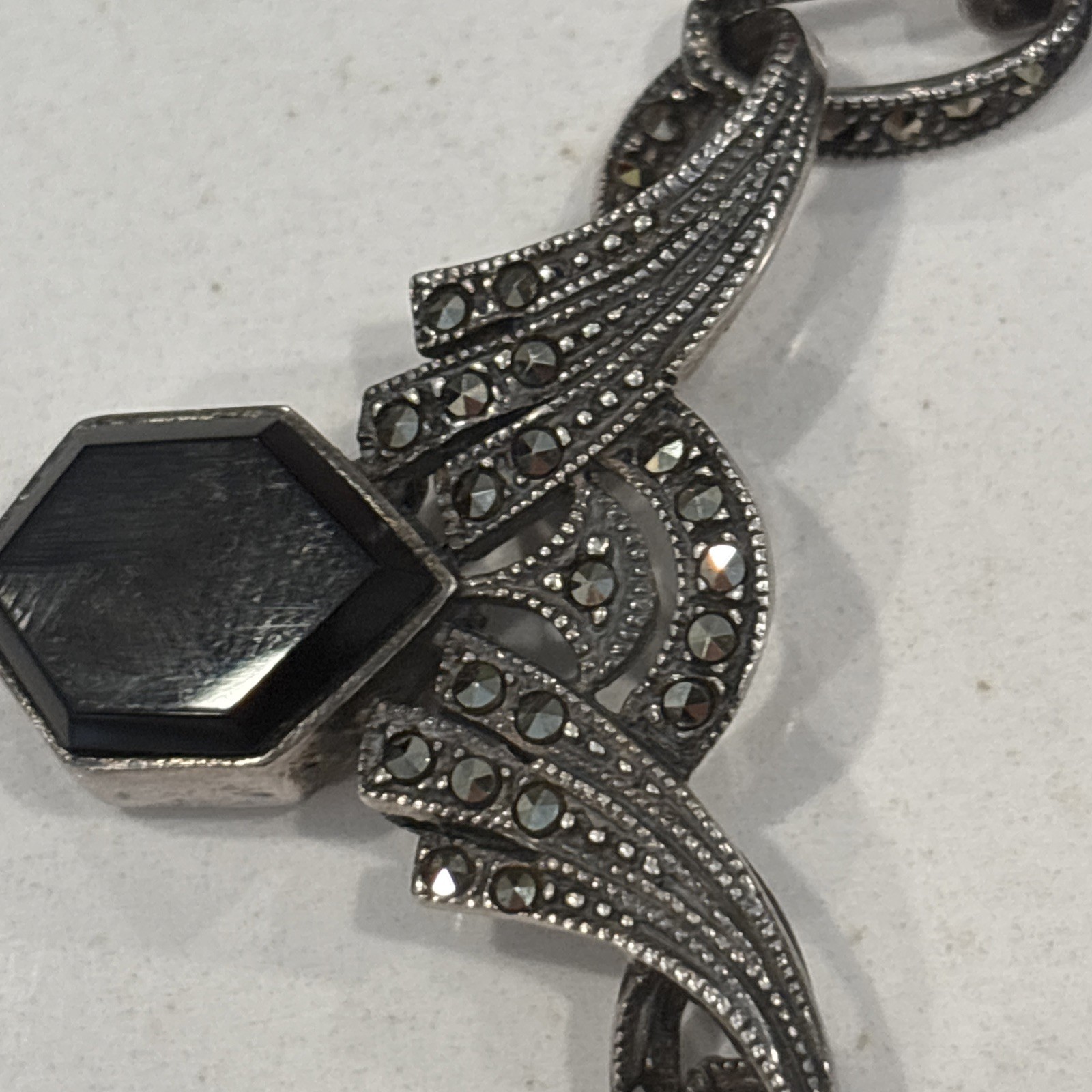 Beautiful Sterling Silver Black Onyx & Marcasite Vintage 19” Necklace