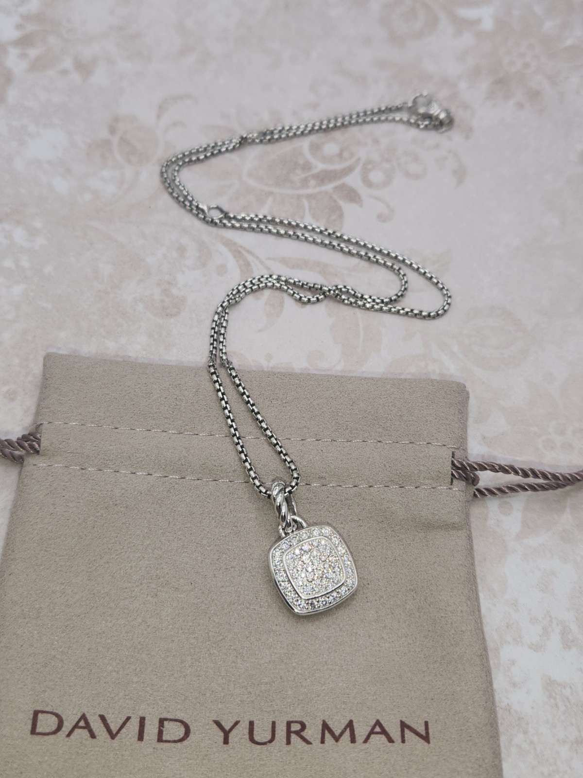 David Yurman 925 Sterling Silver Pavé Diamond Square albion 14mm Necklace 20″