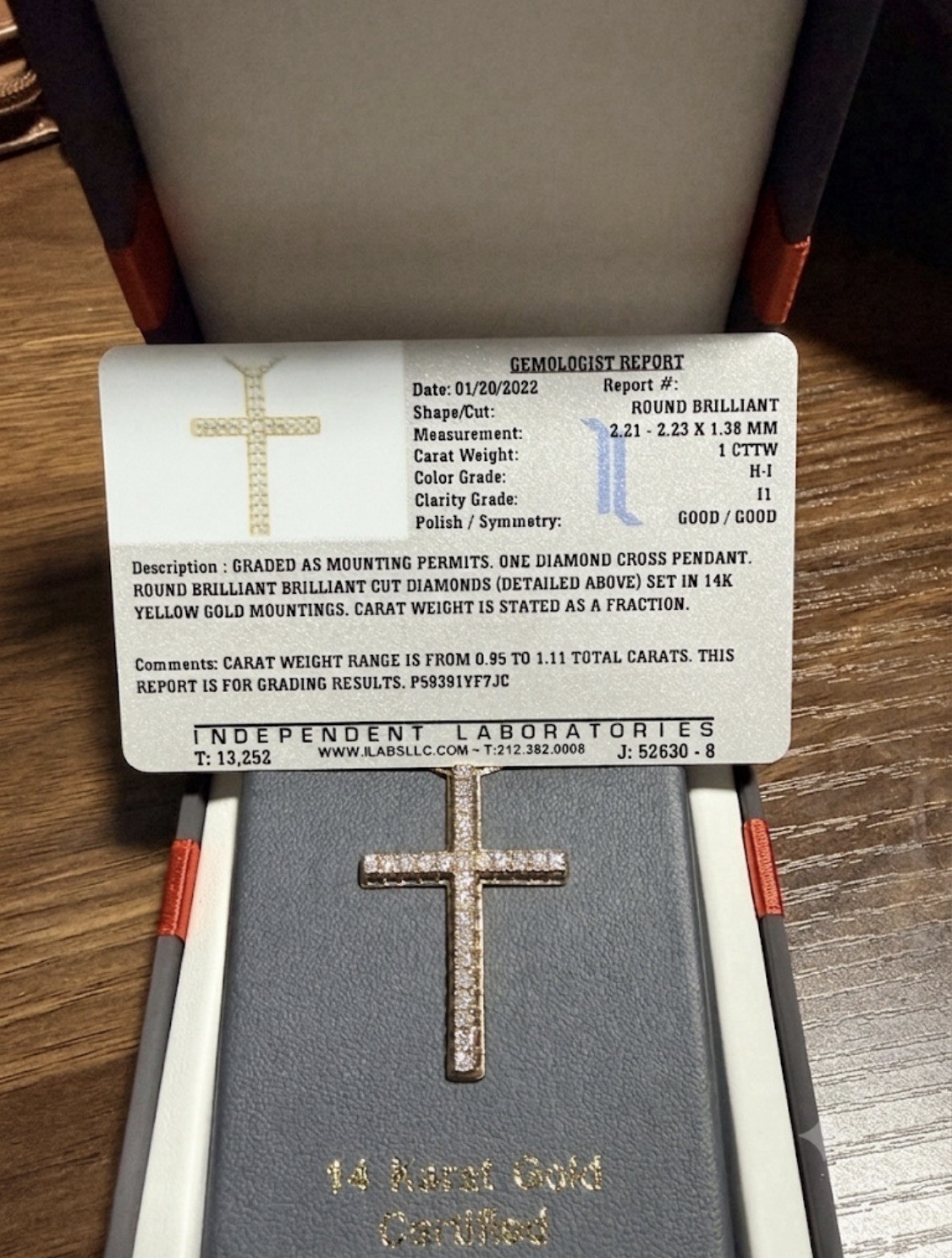 14K Yellow Gold 1ctw Diamond Cross Pendant Necklace Cable Chain Spring Ring