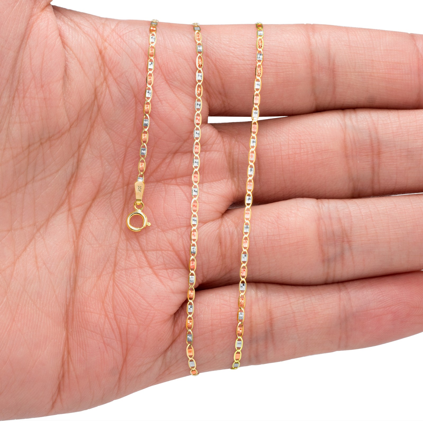 10K Solid Tri Yellow Rose White Gold Thin 1.5mm Valentino Chain Necklace 16″-24″