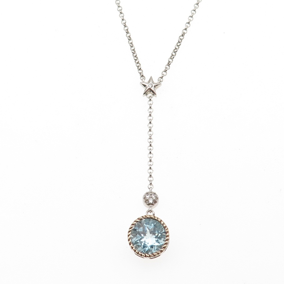 925 Sterling 14K Gold ATR Real Blue & White Topaz Lariat Chain Necklace 16-18″
