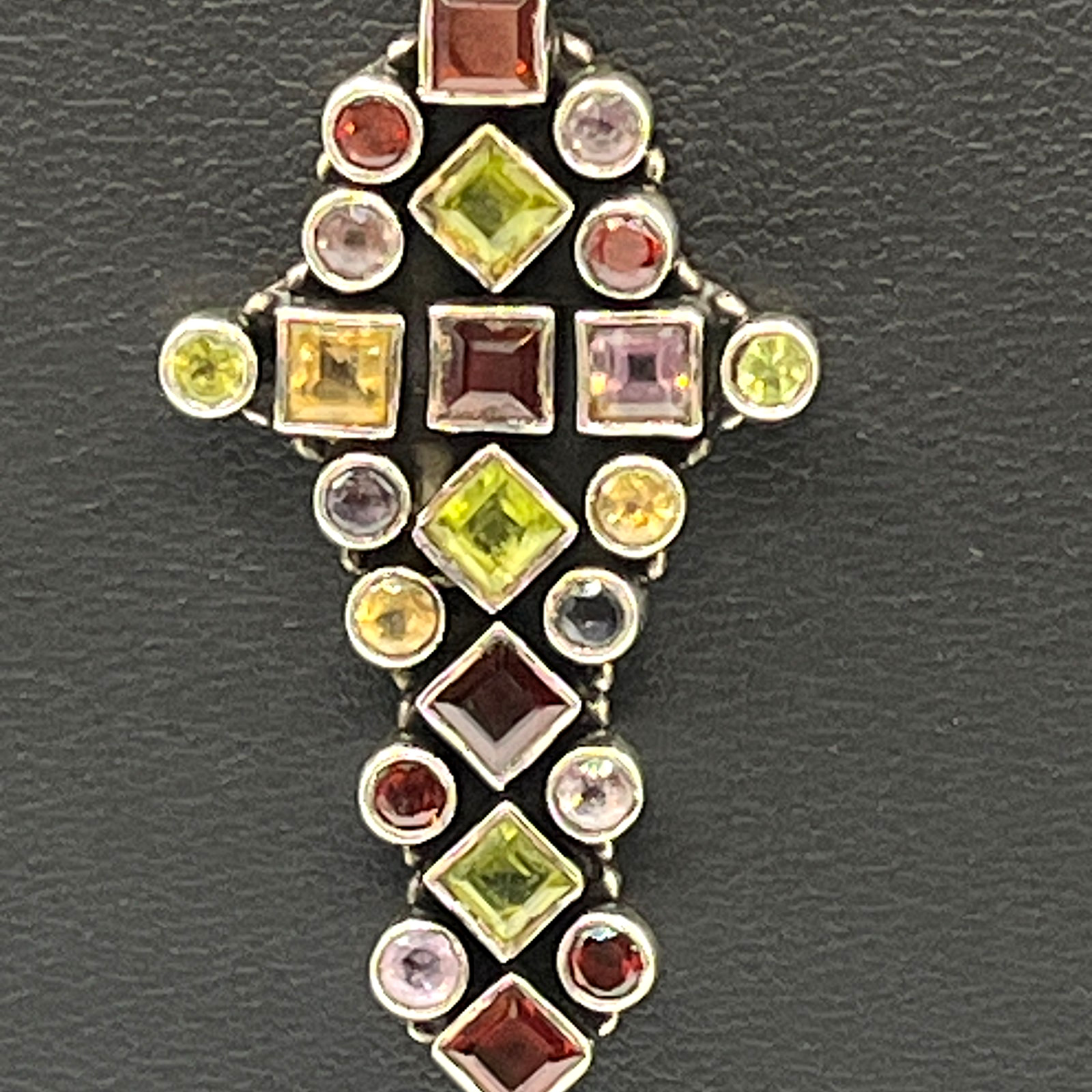 Cross Pendant Necklace Multi Gemstone Peridot Garnet Citrine VTG Sterling 925