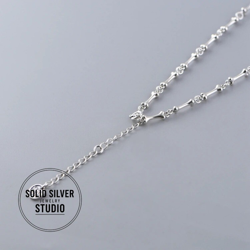 S925 Authentic Sterling Silver Skull&Bone Link Chain Punk Gothic Biker Necklace