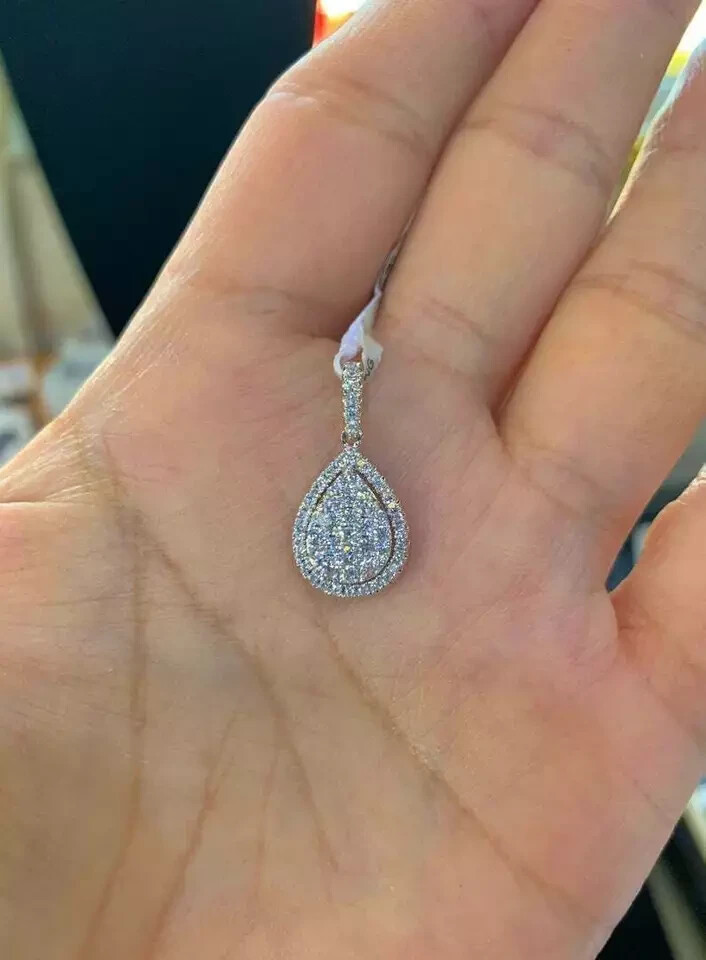 Delicated 1.50Ct Round Cut Diamond Pear Halo Shape Pendant 14k White Gold Finish