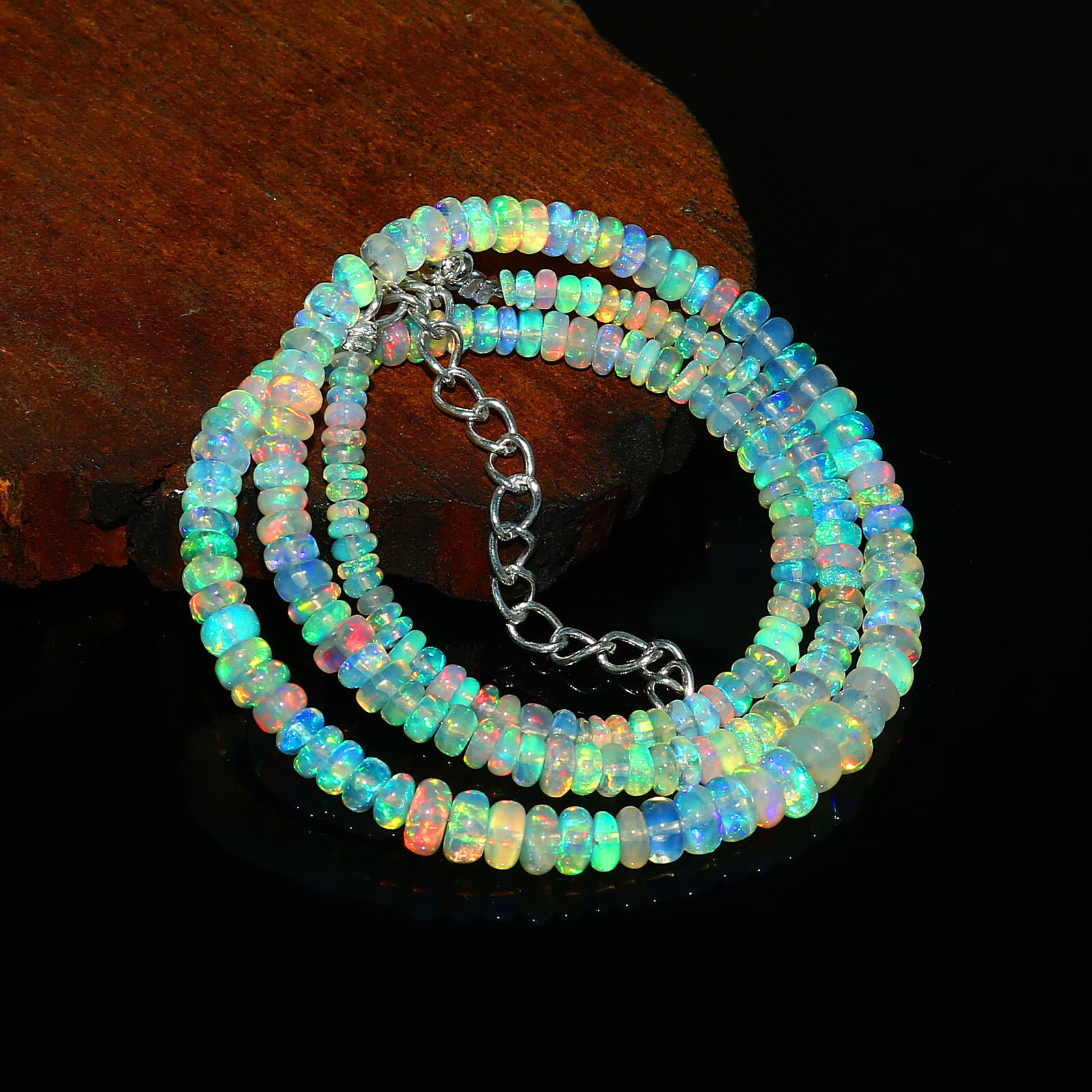 Natural Ethiopian Welo Fire Opal Rondelle Beaded Gemstone Necklace 16 Inches