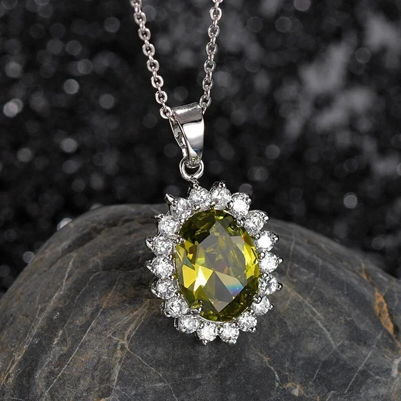 6.00Ct Oval Cut Natural Peridot & Diamond 14K White Gold Luxurious Pendant