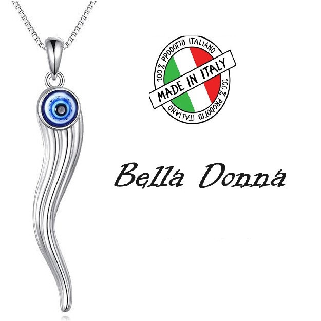 Italian Cornicello Horn w/ Evil Eye 925 Sterling Silver 1.75 inch Chain 18.0 in