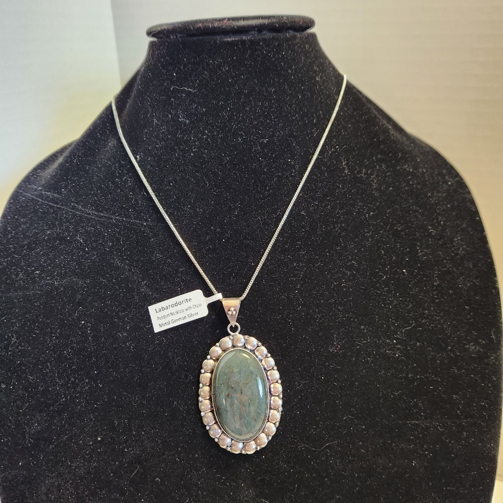 Labradorite Pendant Necklace With German Silver Chain Oval Gemstone Jewelry READ