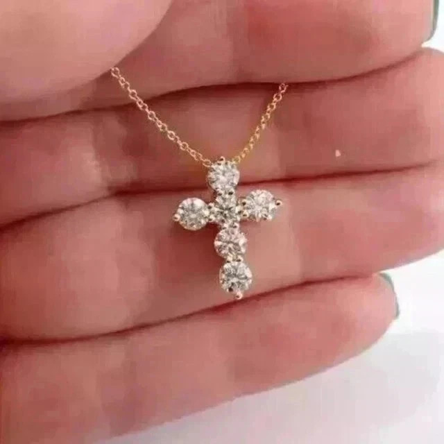 Lab Grown Diamond Small Cross Pendant 1.40 Ct Round Cut 14K Yellow Gold Plated