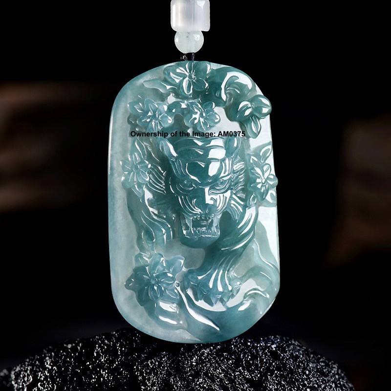 Natural Grade A Jadeite ICY Blue Jade Tiger Pendant Hand-Carved Fine Jewelry