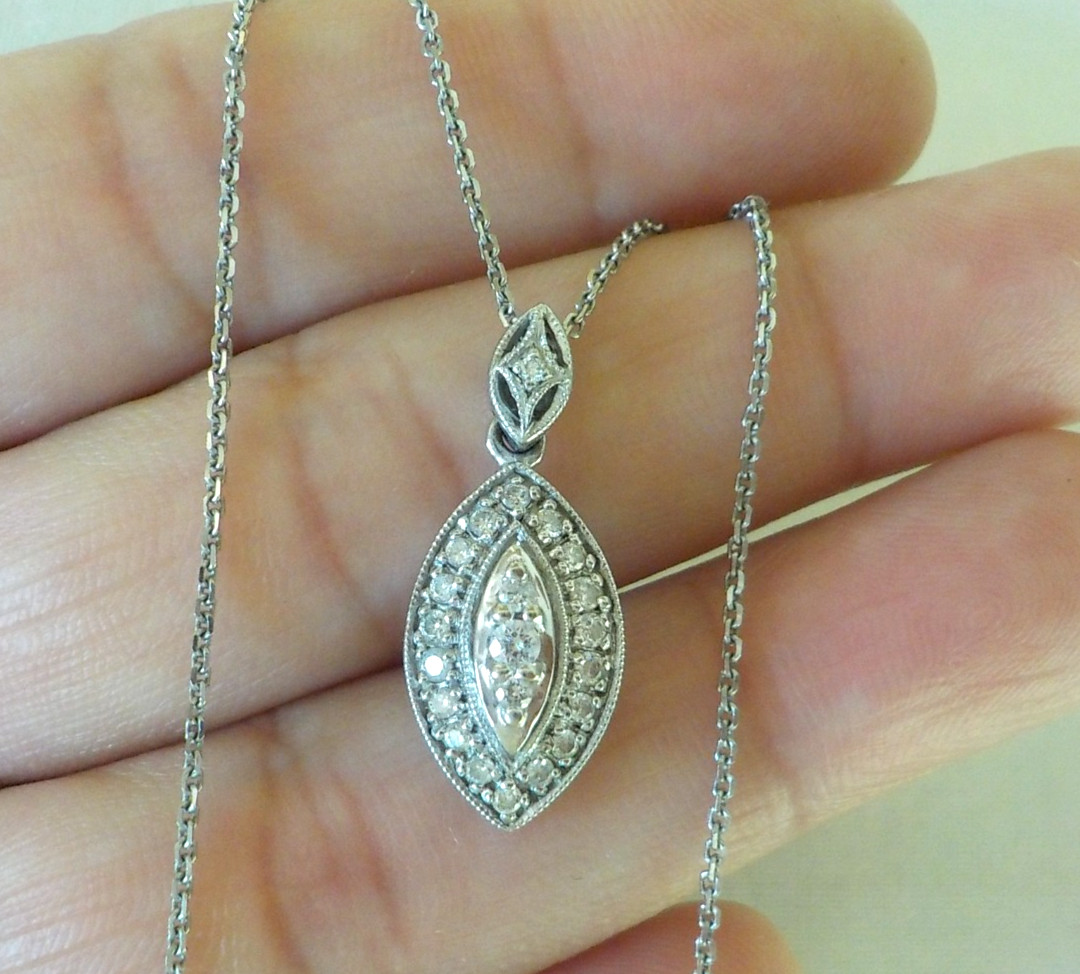 14K White Gold Teardrop Cluster Diamond Necklace – 3.57 gms, 16 in, 0.26 ctw