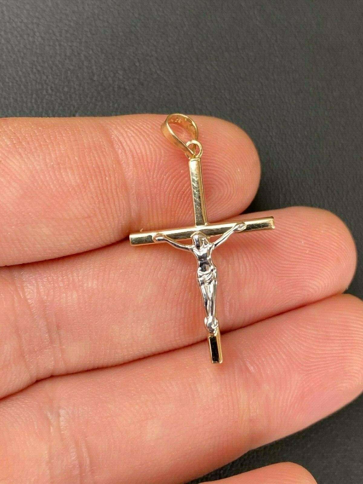 Mens Solid 14k Yellow & White Gold Cross W. Jesus Pendant 1.25″ 1.2gr Necklace