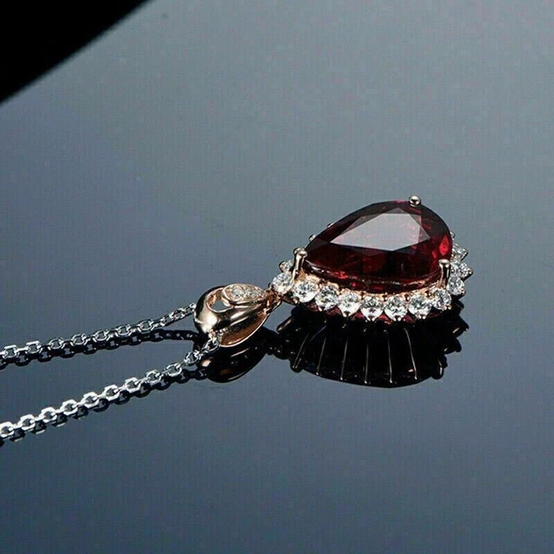 Lab-Created Red Garnet 2Ct Pear Cut Halo Pendant 14K Rose Gold Finish