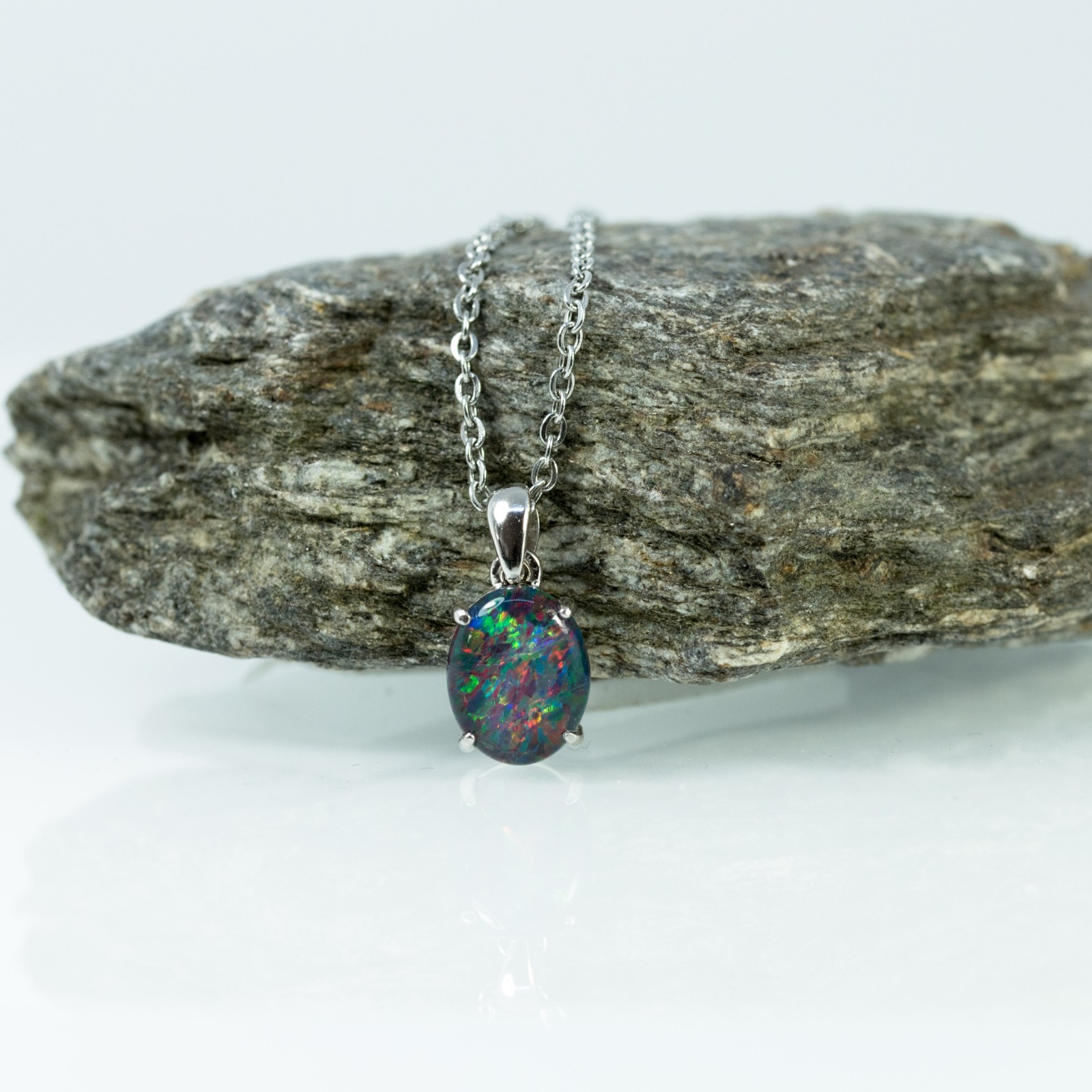 Simple Pinfire Australian Triplet Opal Necklace Pendant White Gold Plated Silver