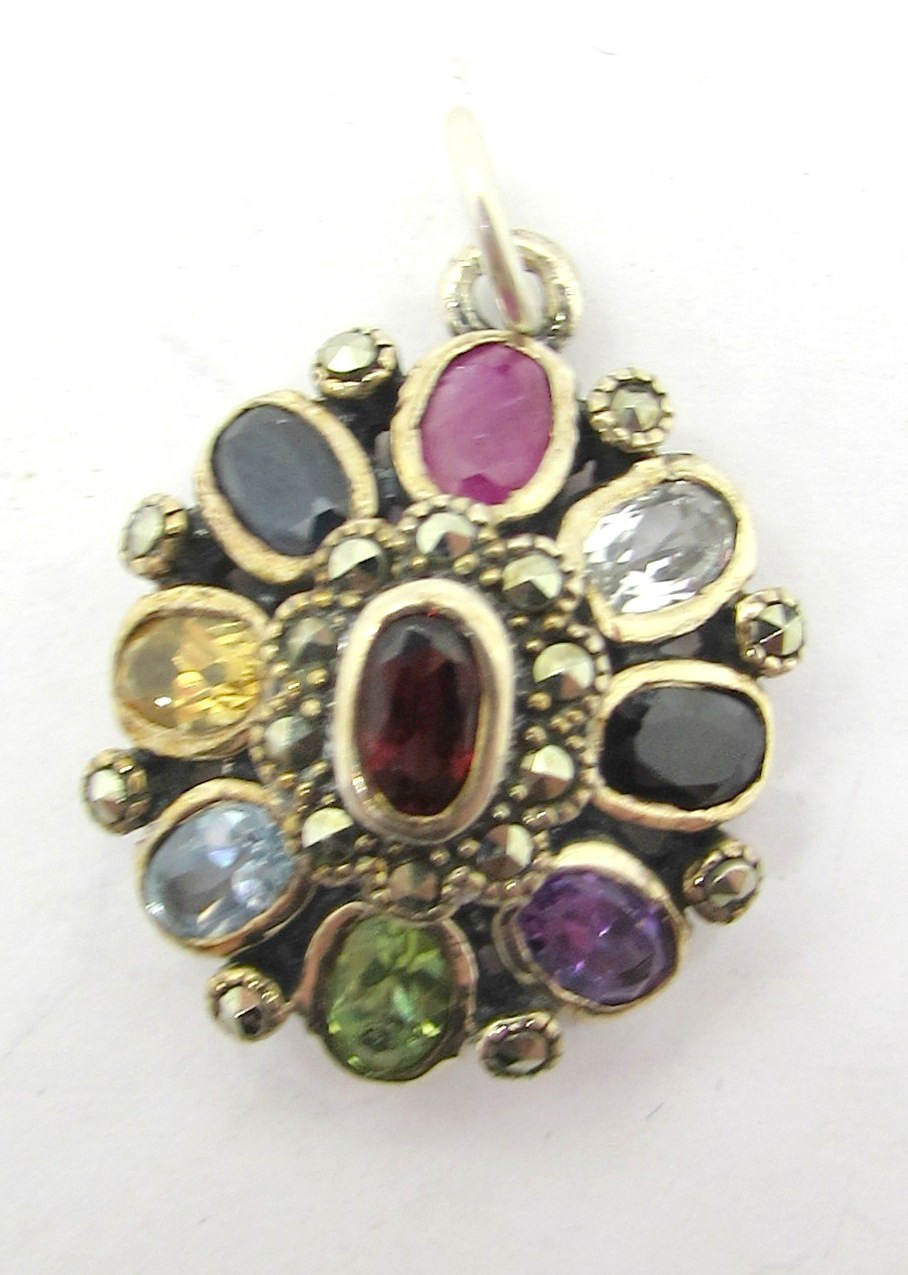 925 STERLING SILVER MULTI-COLOR GEMSTONE PENDANT OR CHARM 24X16MM ~ 3.7G