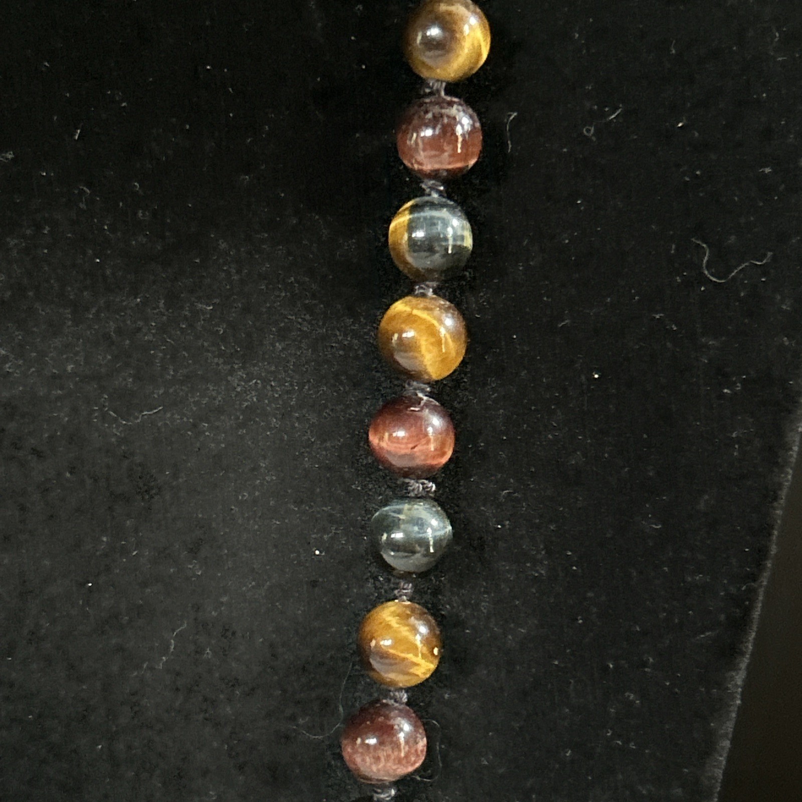 10mm Tiger’s Eye Beaded Necklace Knotted Brown, Red, Black Tones 26” Gemstone