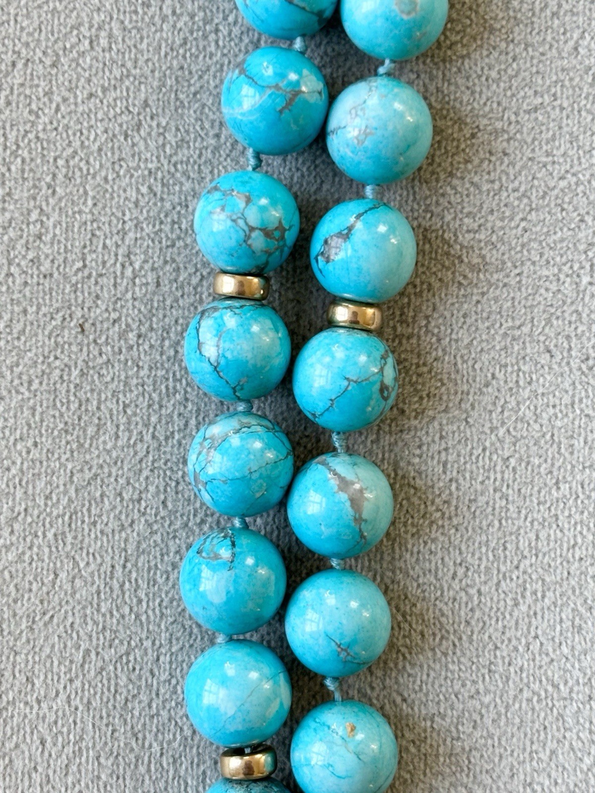 Solid 14k Yellow Gold 12mm Round Natural Turquoise Beaded Necklace 33” 159g