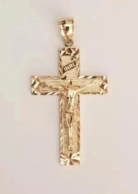 Religion Diamond Cut Jesus INRI Cross Crucifix Pendant 14K Yellow Gold Plated