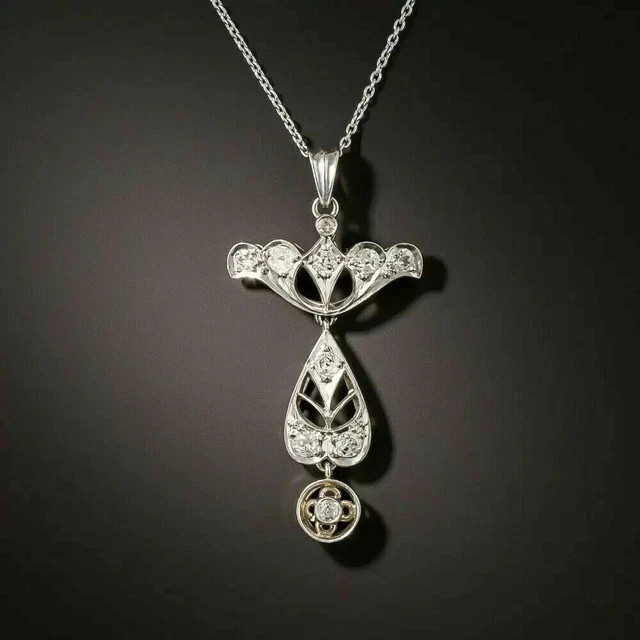 New Victorian Elongated Pendant 14K White Gold Plated 0.5Ct Test Pass Moissanite