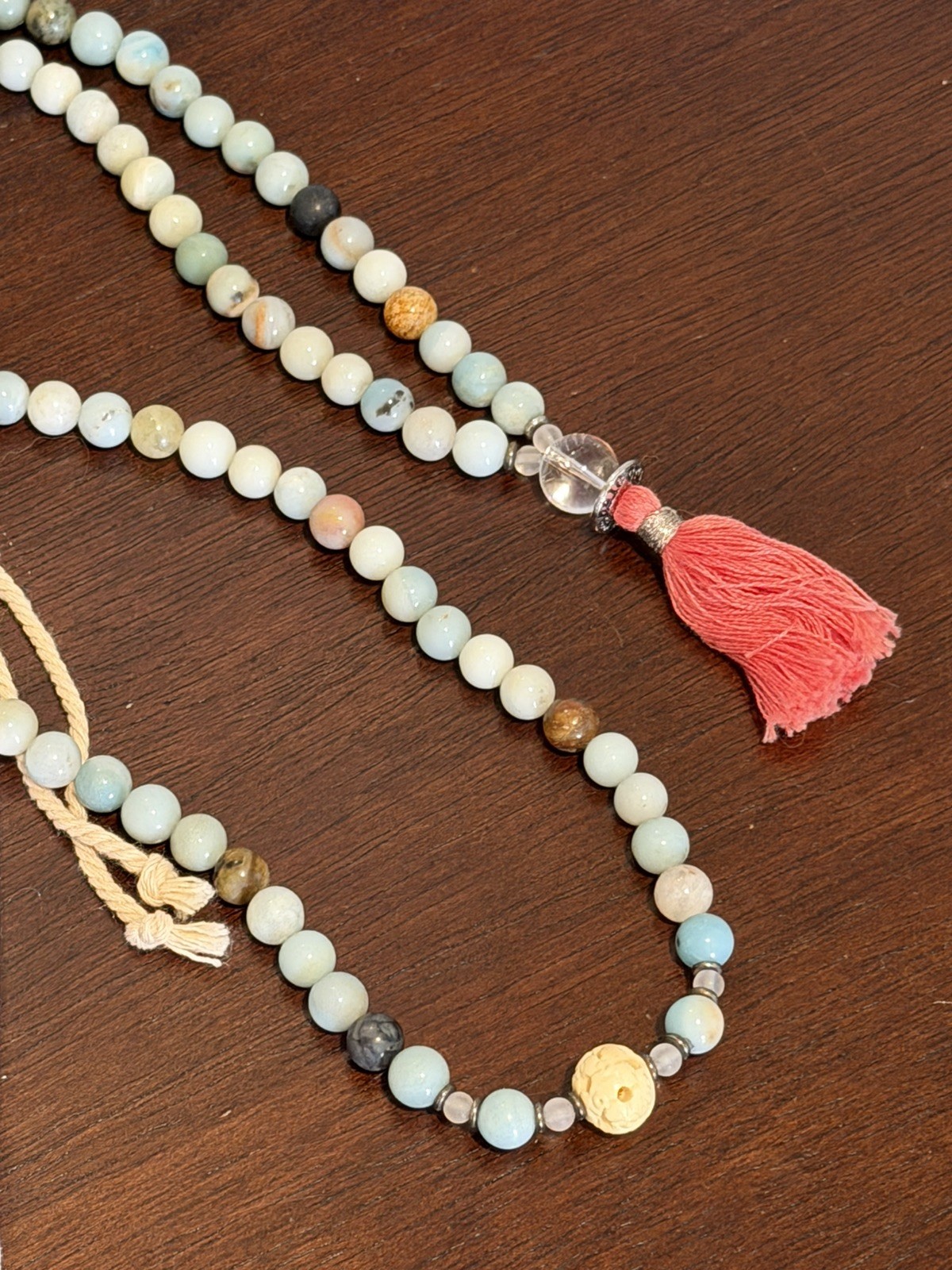 Silver & Sage Mala Necklace Green Amazonite and Quartz Pink Rose Tassel NEW