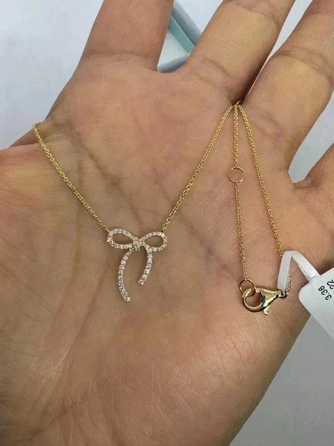 Ribbon Bow Shape Pendant 1 Ct Round Cut Real Moissanite 14K Yellow Gold Plated