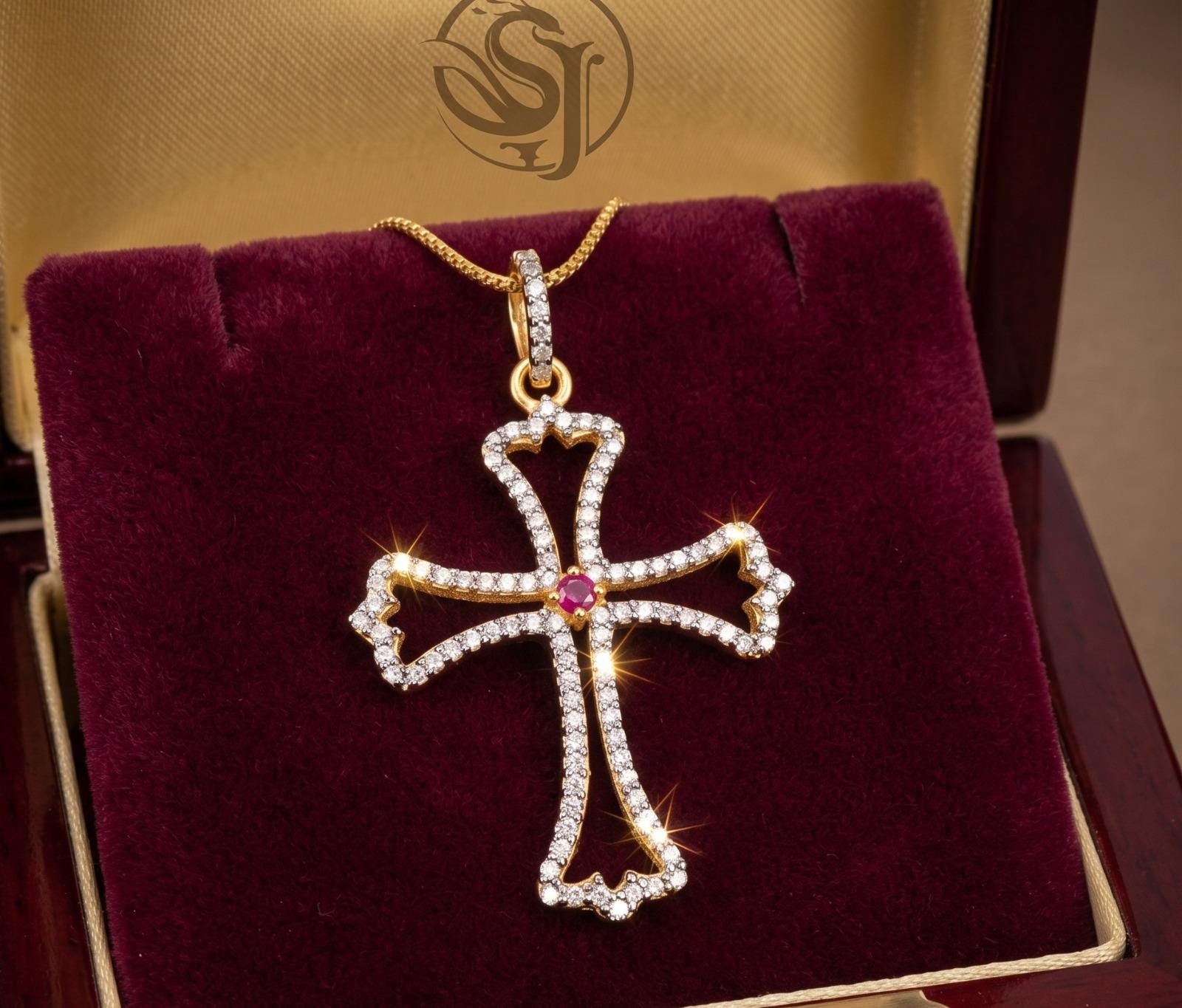 Vintage Sterling Silver 925 Cross Pendant: Diamond & Ruby Pendant