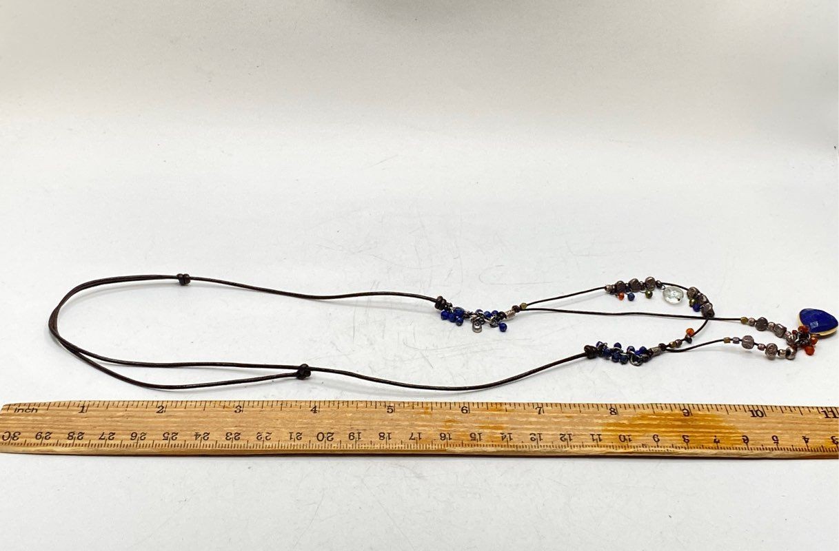 NAJ Sterling Silver 925 Lapis Lazuli Carnelian Quartz Leather Necklace 28″