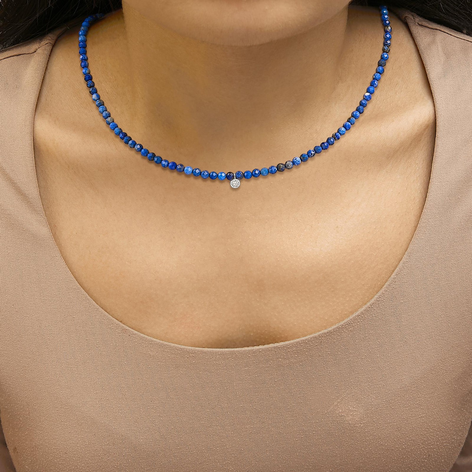 Sterling Silver Diamond Accent Blue Lapis Bead Station Necklace