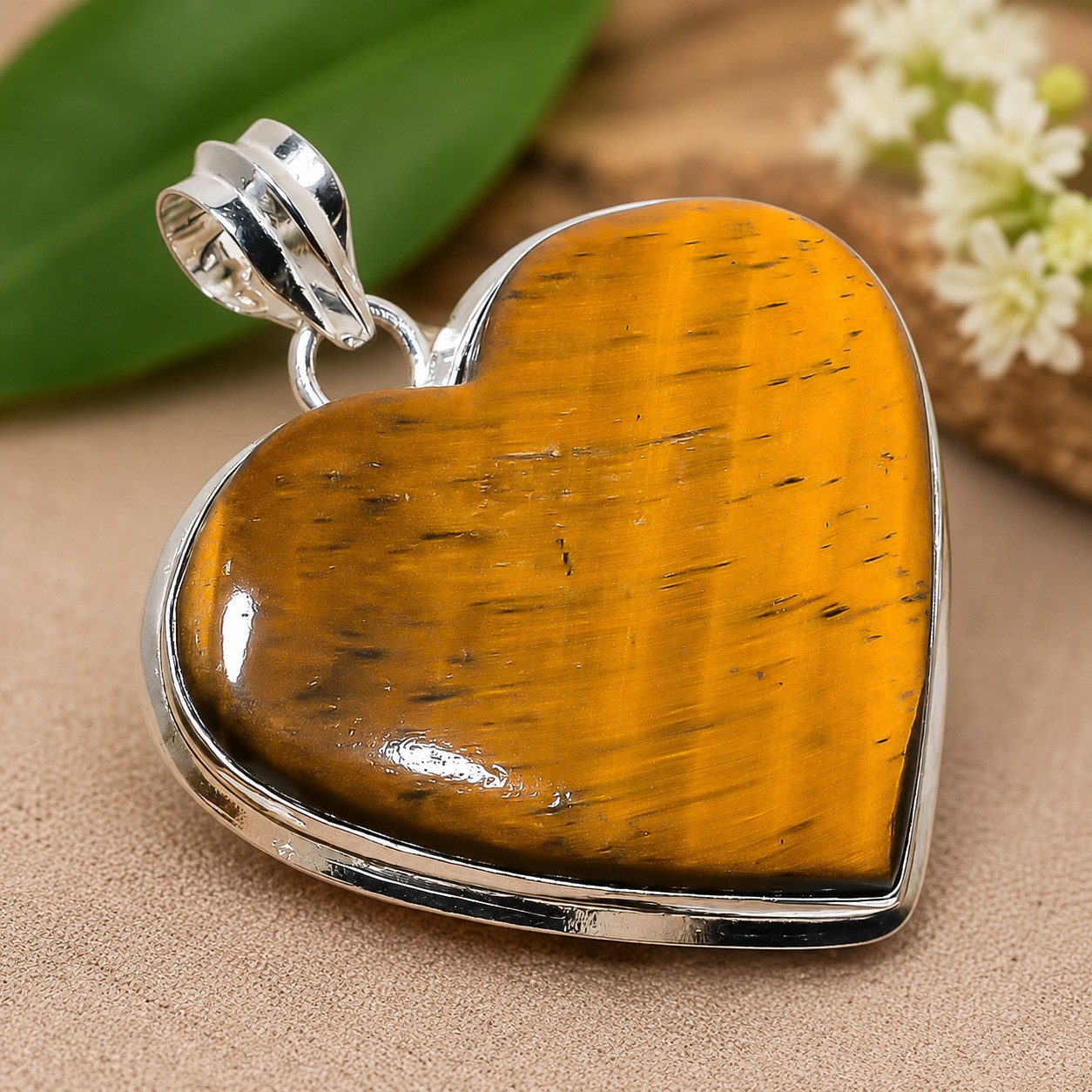 Tiger’s Eye 925 Sterling Silver Heart Gemstone Gift Jewelry Pendant 1.9″ FP 3682