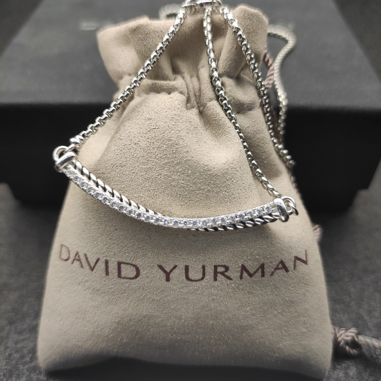 David Yurman Sterling Silver Crossover Bar Pendant Necklace with Diamonds 18″