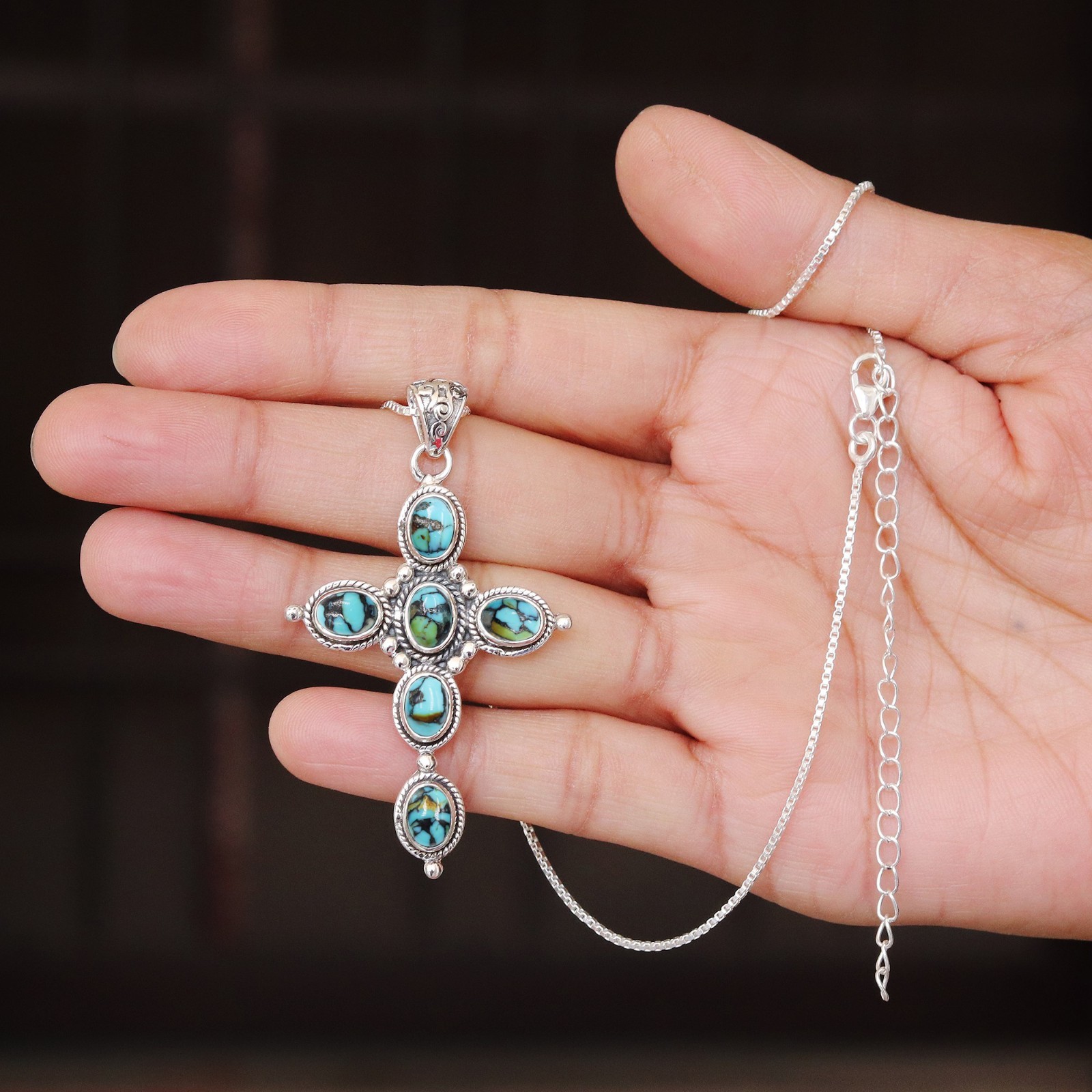 Turquoise Cross Necklace in 925 Sterling Silver with Chain