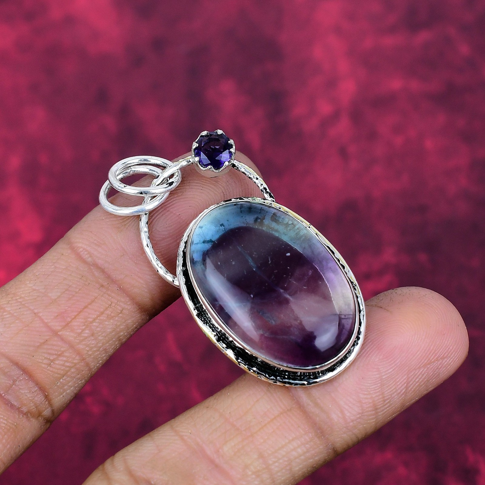 Fluorite & Amethyst Gemstone Handmade 925 Solid Silver Healing Pendant Jewelry