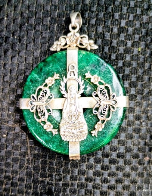 Huge Natural Green Jade Carved Sterling Silver Guanyin Pendant