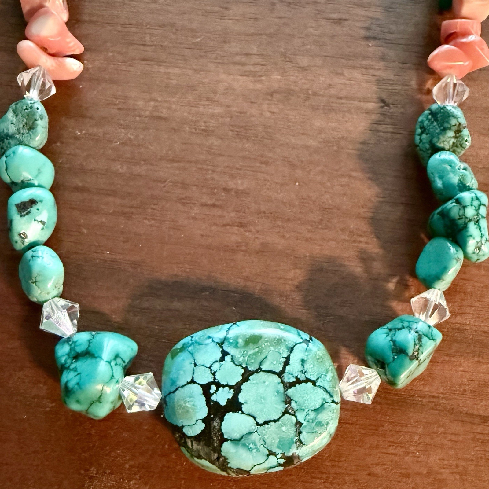 Amazing 24 Inch Green/Blue Turquoise and Rose Quartz Necklace Toggle Closure