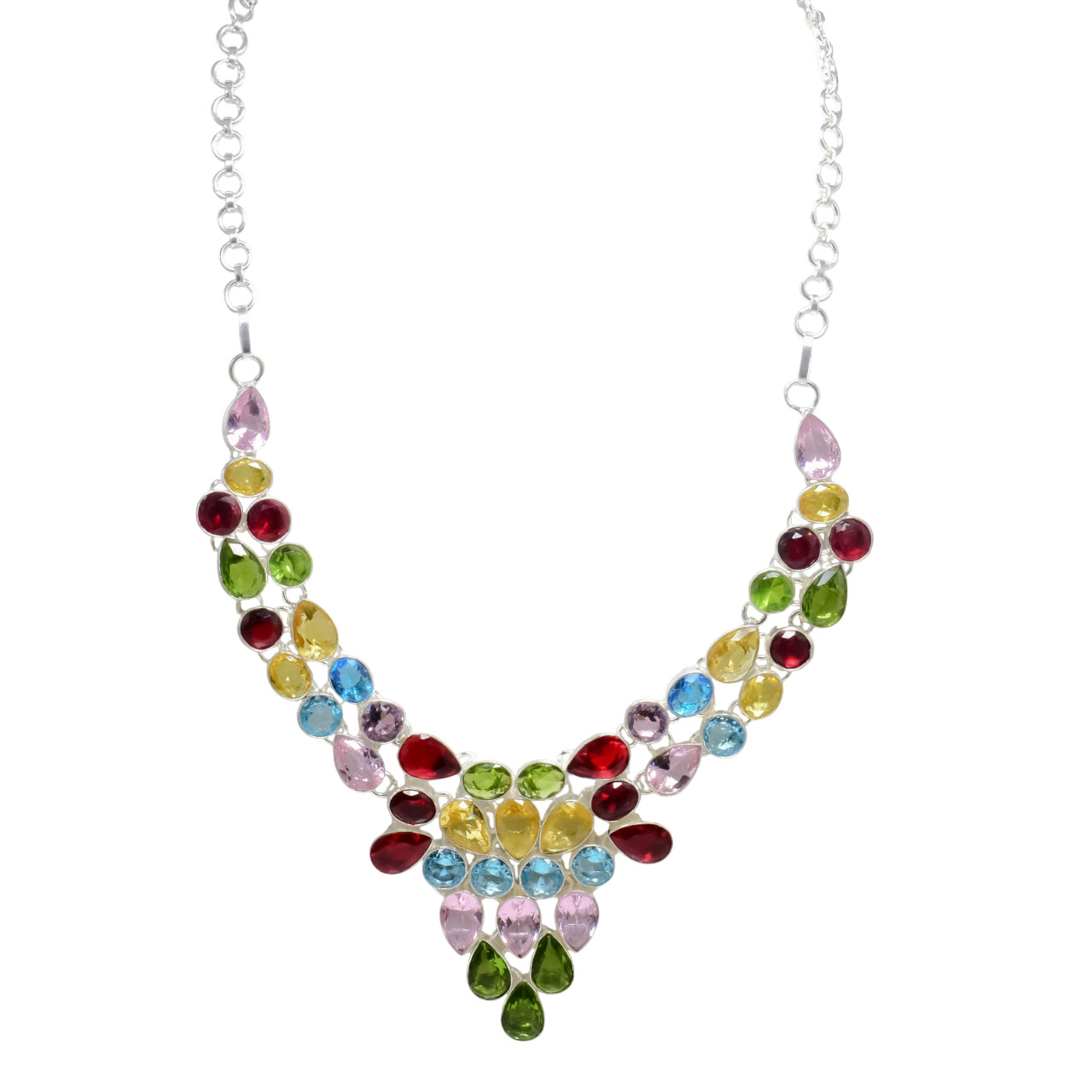 Multi Color Gemstone Handmade 925 Sterling Silver Jewelry Necklace Size-18″