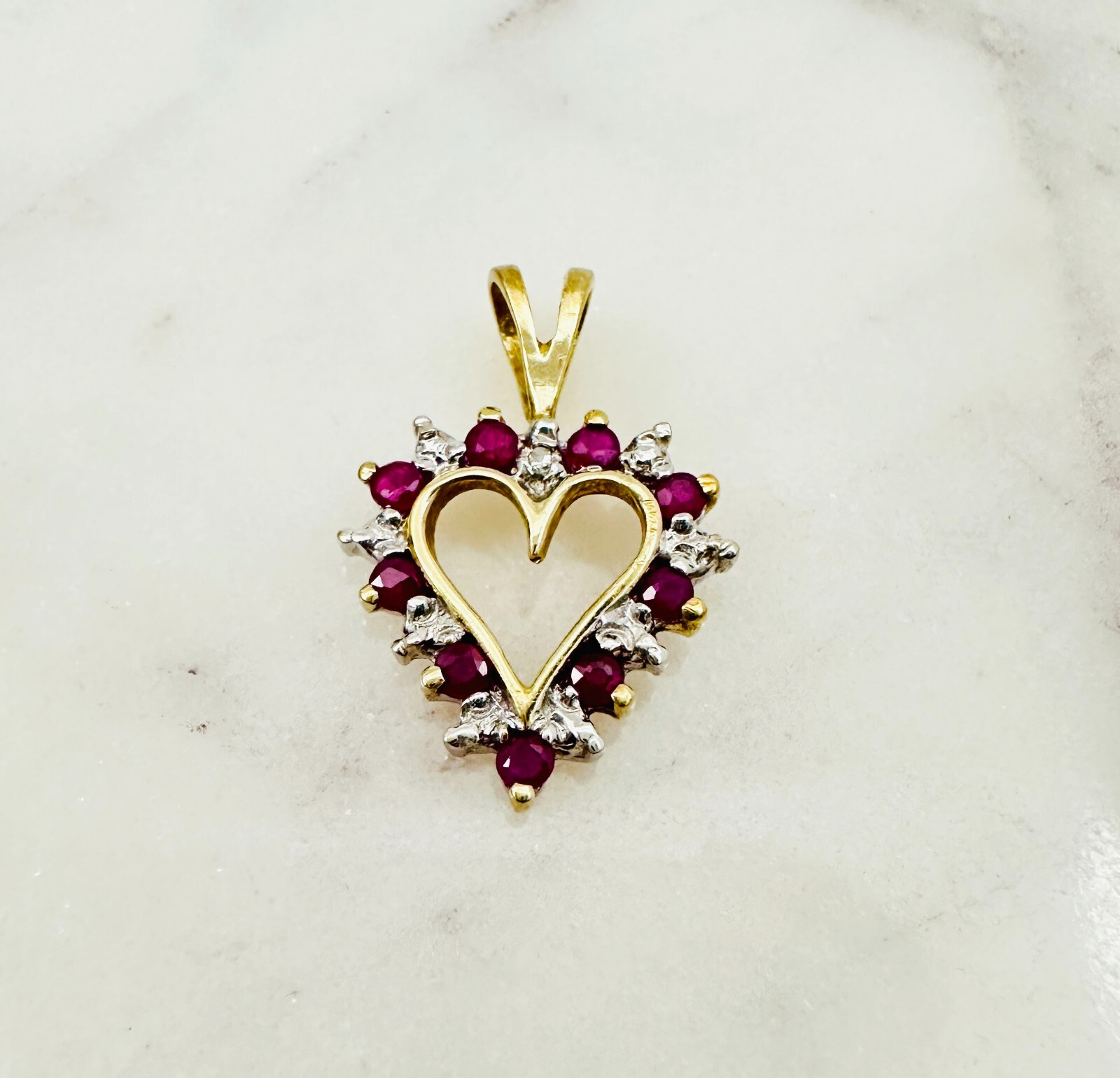 Estate 10K Multi-Tone Gold Ruby w/Diamond Accent Small Heart Pendant 19x13mm
