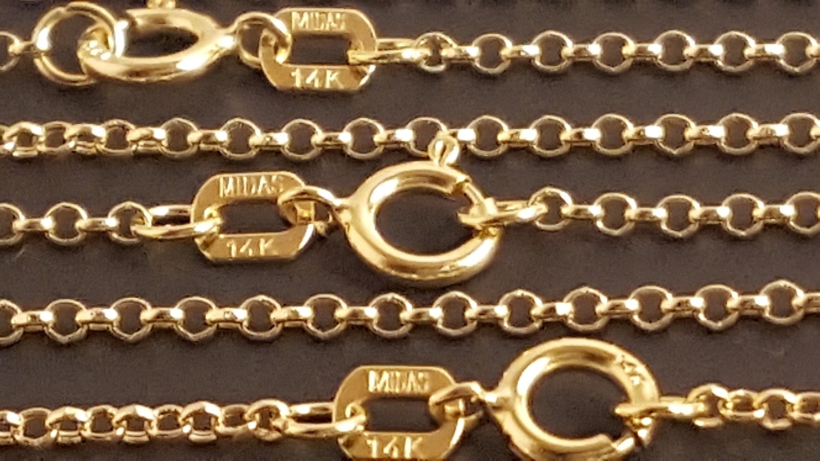 14K Solid Yellow Gold 1.55 mm Rolo Chain Necklace 16″, 18”, 20″, 22″, 24”.