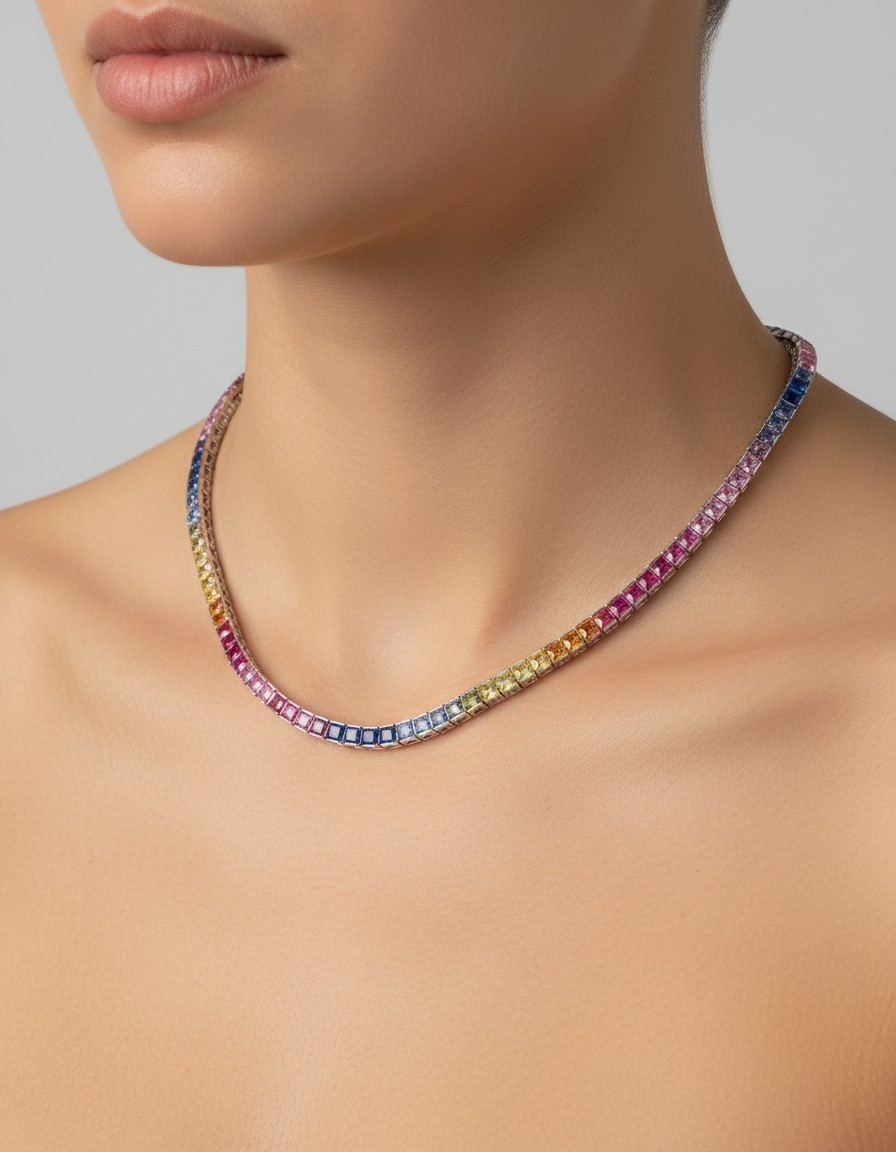 Neckless, Multicolor Square Simulated Stone Choker #jewlery #S925 #beauty
