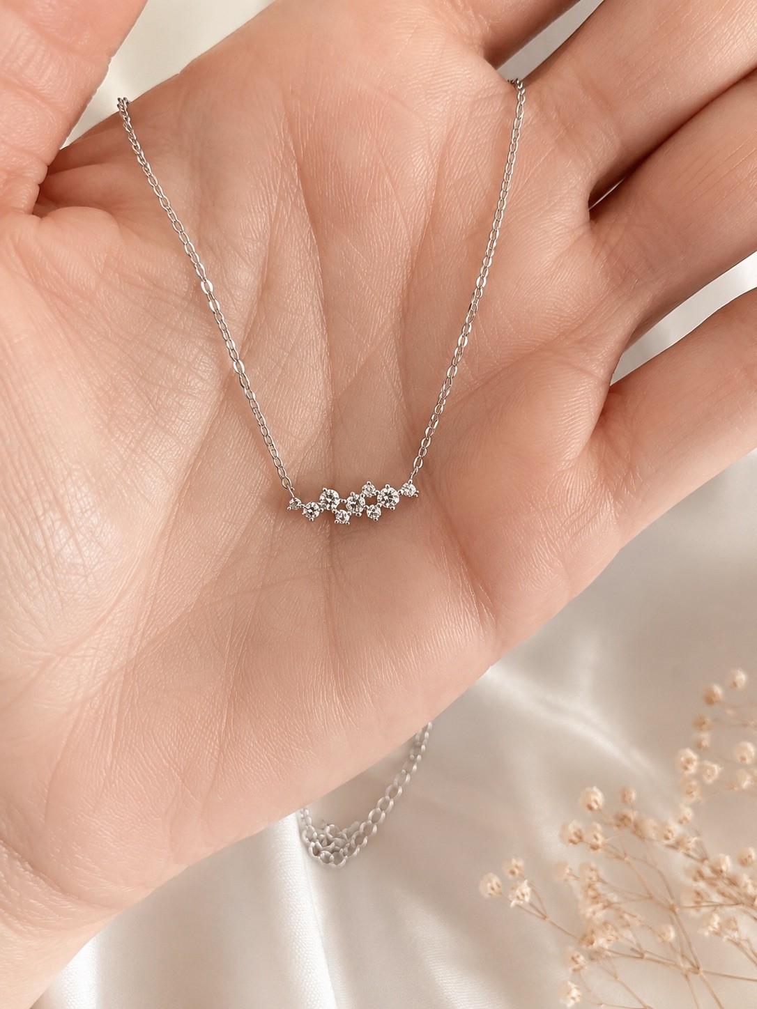 925 Silver Moissanite cluster Pendant Necklace 16” Adjustable Cable Chain