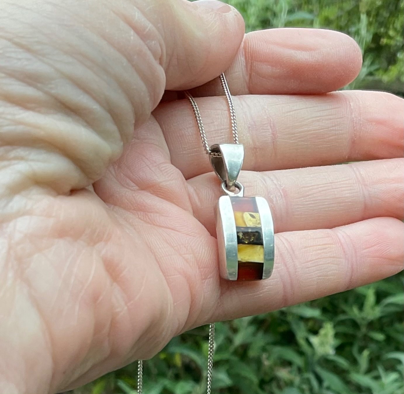 Sterling Silver Modernist Inlaid Baltic Milky Red Amber Pendant And Chain