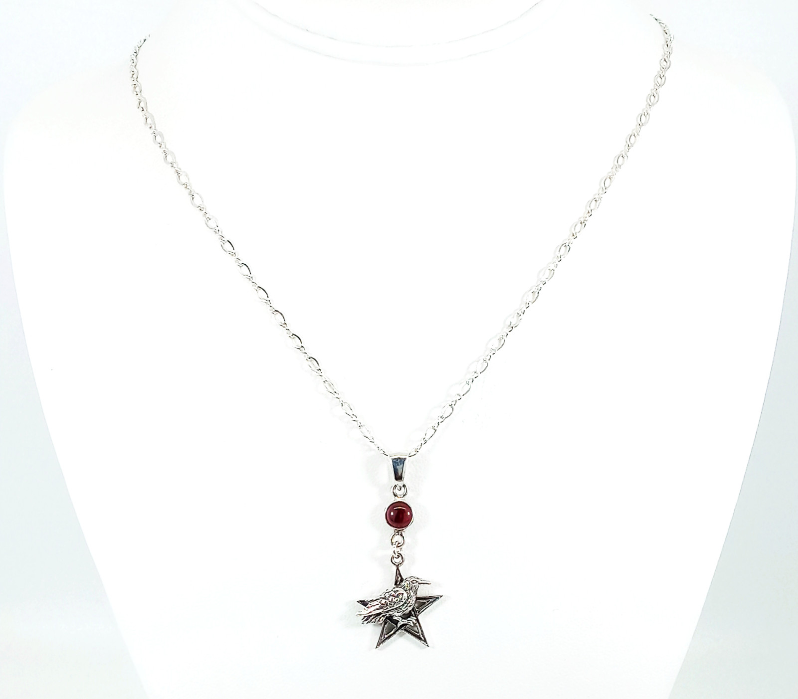 Vintage 925 Sterling Silver Garnet Pentagram Raven Necklace
