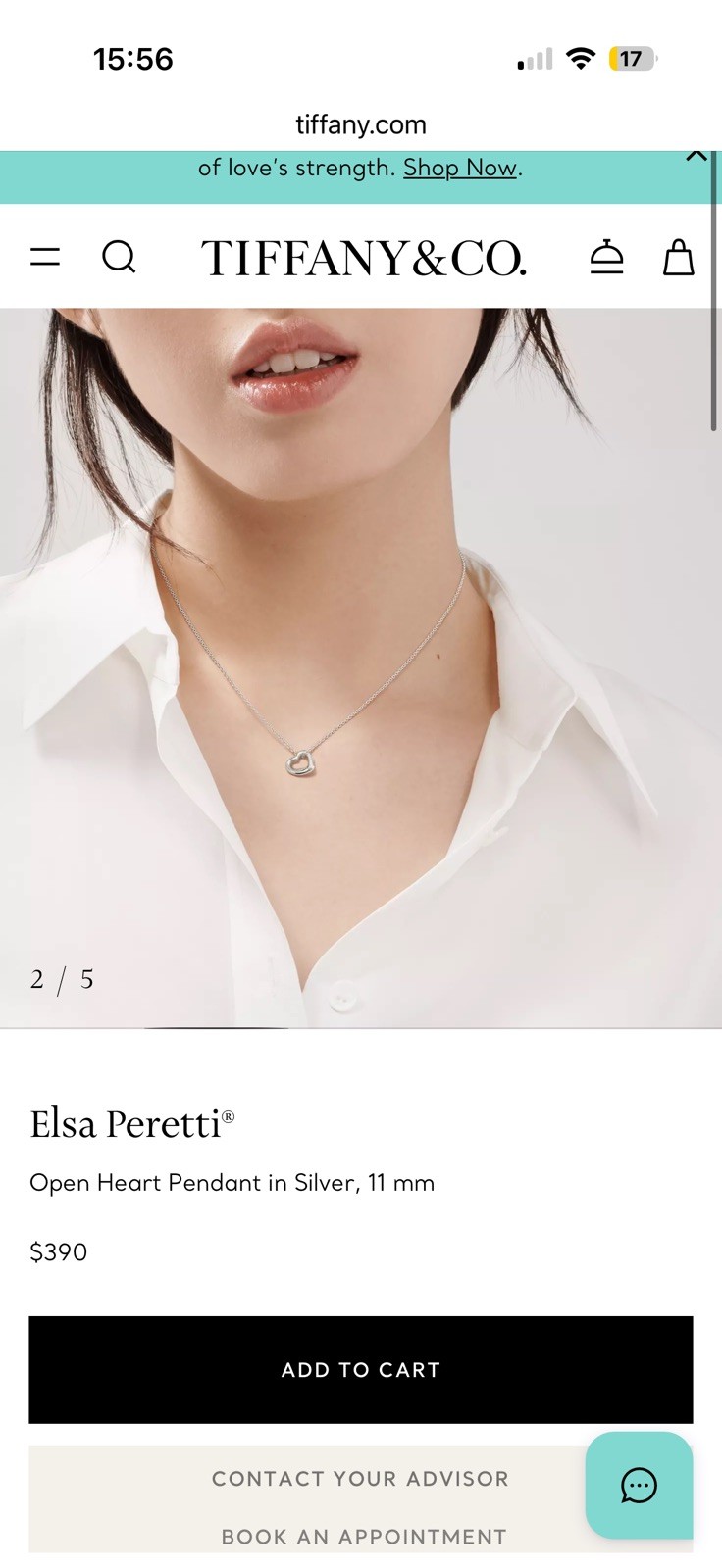 Tiffany & Co. Elsa Peretti 11mm Open Heart Pendant Necklace Sterling Silver 16″