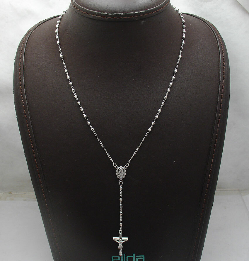 17″ 2.5mm Diamond Cut Rosary Chain Cross Crucifix Necklace Real 10K White Gold