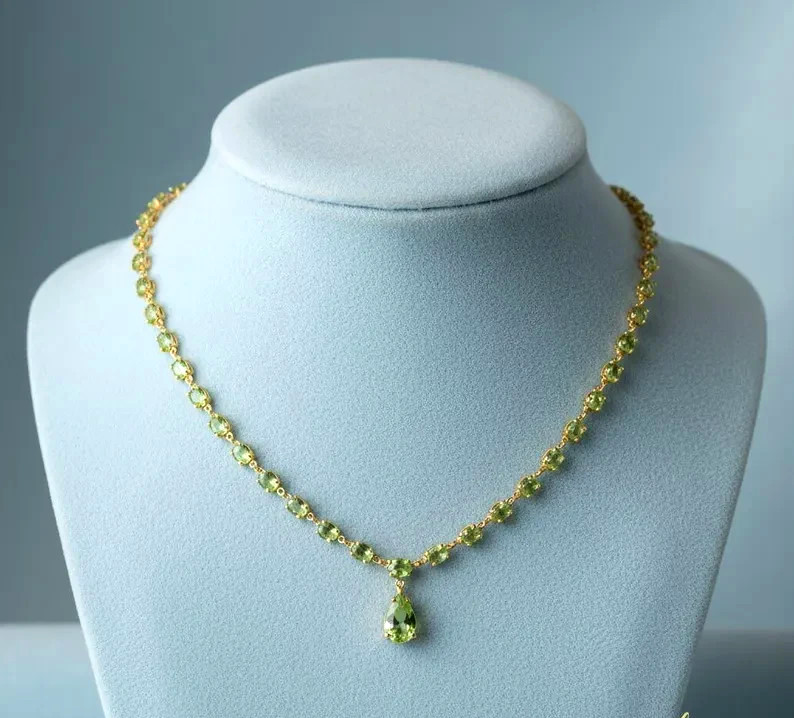 15Ct Pear Cut Lab-Created Peridot Necklace 14K Yellow Gold Plated Size 18″inch